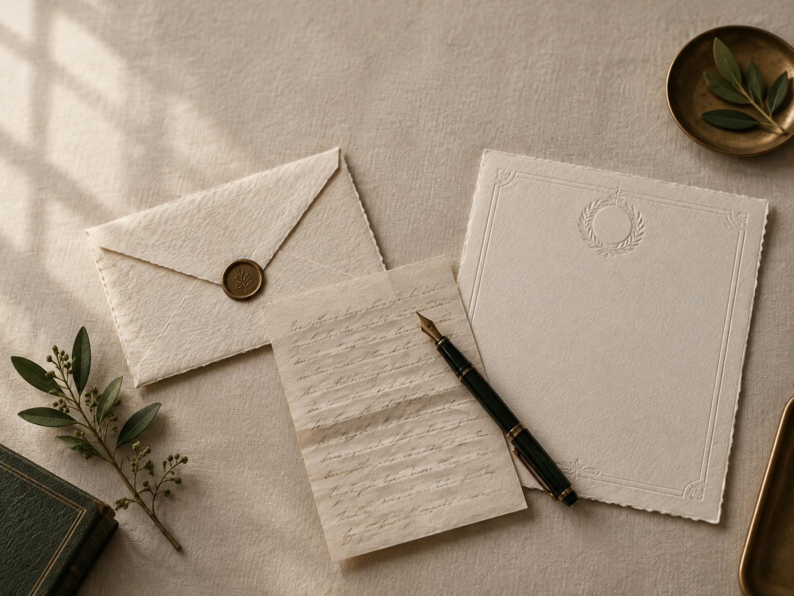 A wax-sealed envelope, letterpress sheet and fountain pen on linen