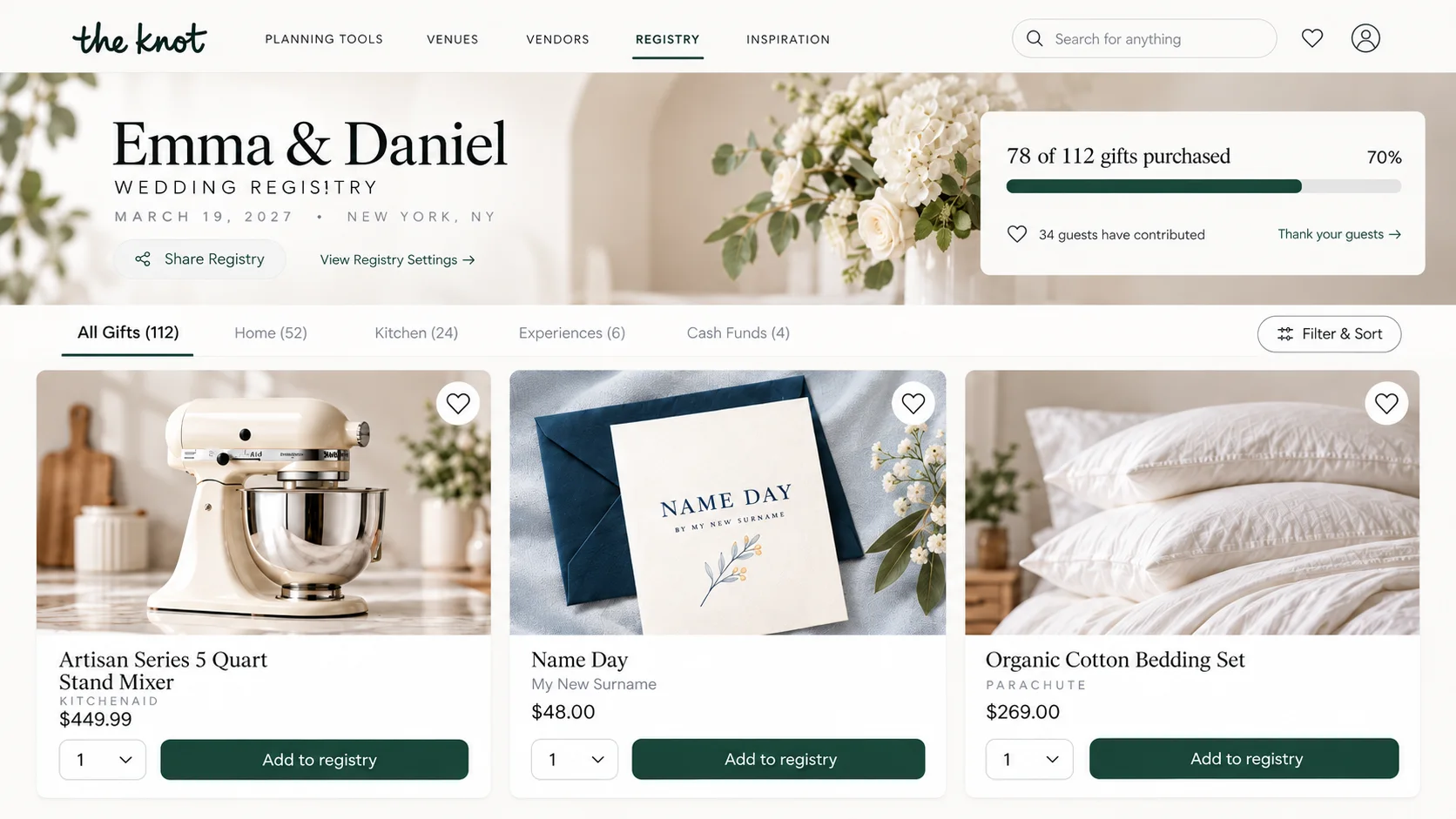 Illustrative wedding registry page with Name Day at $48 between a stand mixer and a bedding set