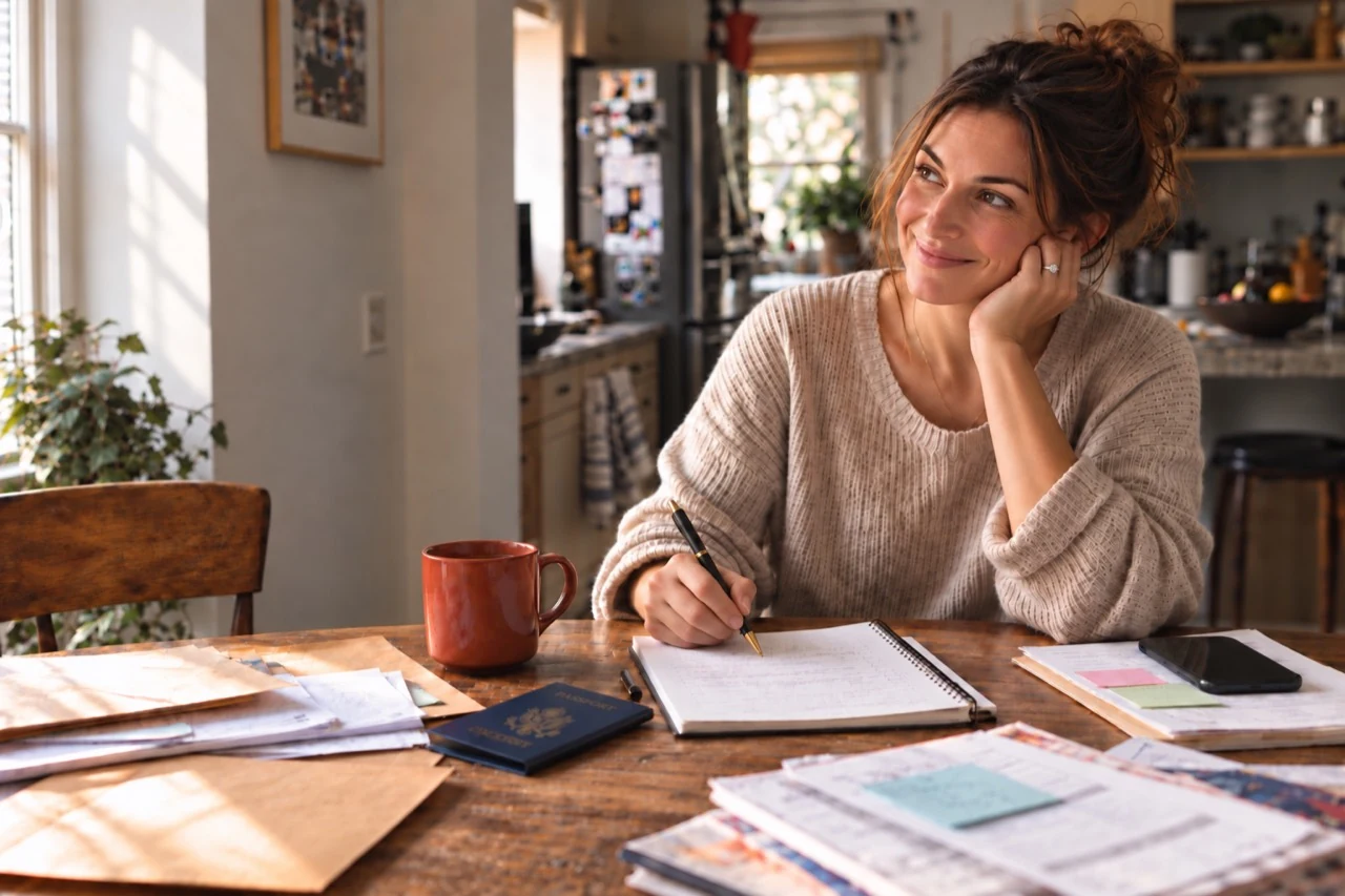 A woman working through a notebook at her kitchen table, with a passport and everyday mail nearby.