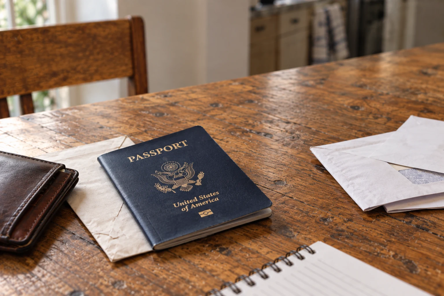 A passport resting on an envelope, a worn wallet and a few pieces of mail on the same kitchen table.