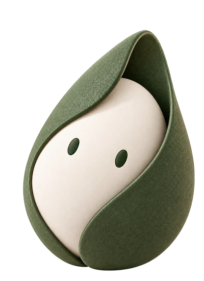 Nomi, an ivory character wrapped in an olive green leaf