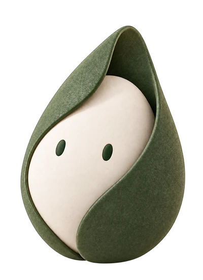 Nomi, an ivory character wrapped in an olive green leaf