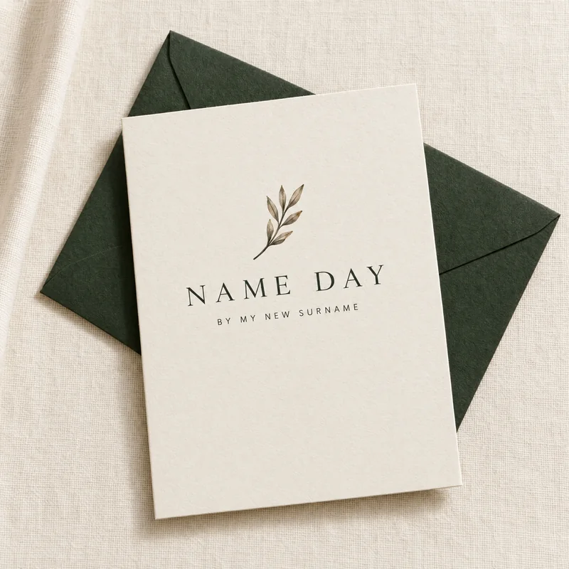 Name Day’s ivory botanical card and forest green envelope, shown on linen.