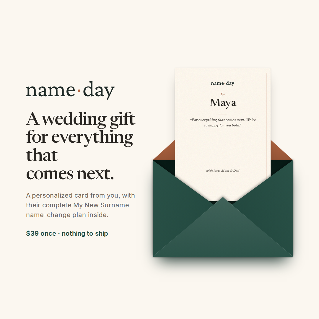 Name Day registry product image: the Name Day wordmark and an open forest envelope with a card addressed to Maya